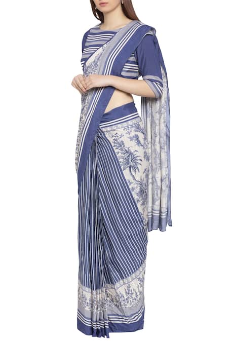 So Us By Sougatpaul_Blue Muslin Slub Round Neck Printed Pre-stitched Saree With Blouse _Online_at_Aza_Fashions