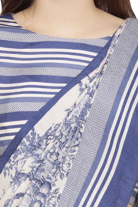 Shop_So Us By Sougatpaul_Blue Muslin Slub Round Neck Printed Pre-stitched Saree With Blouse _Online_at_Aza_Fashions