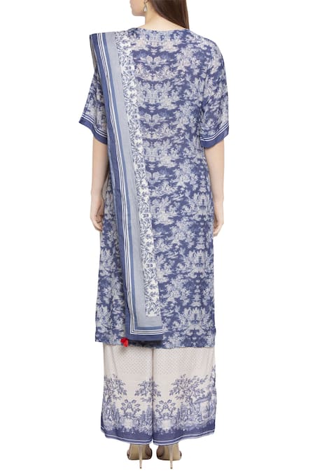 Shop So Us By Sougatpaul Blue Muslin Slub Round Printed Kurta And Palazzo Set at Aza Fashions Shop_So Us By Sougatpaul_Blue Muslin Slub Round Printed Kurta And Palazzo Set _at_Aza_Fashions