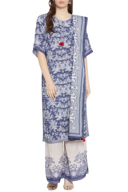 So Us By Sougatpaul Blue Muslin Slub Round Printed Kurta And Palazzo Set Online at Aza Fashions So Us By Sougatpaul_Blue Muslin Slub Round Printed Kurta And Palazzo Set _Online_at_Aza_Fashions