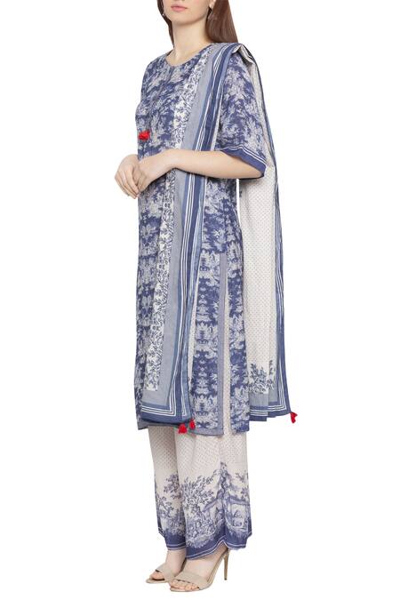 Buy So Us By Sougatpaul Blue Muslin Slub Round Printed Kurta And Palazzo Set Online at Aza Fashions Buy_So Us By Sougatpaul_Blue Muslin Slub Round Printed Kurta And Palazzo Set _Online_at_Aza_Fashions