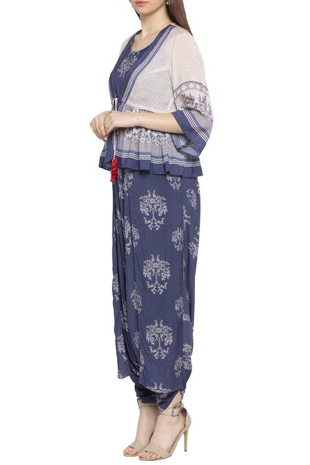So Us By Sougatpaul Blue Muslin Slub Jumpsuit Round Neckline Printed With Jacket Online at Aza Fashions So Us By Sougatpaul_Blue Muslin Slub Jumpsuit Round Neckline Printed With Jacket _Online_at_Aza_Fashions