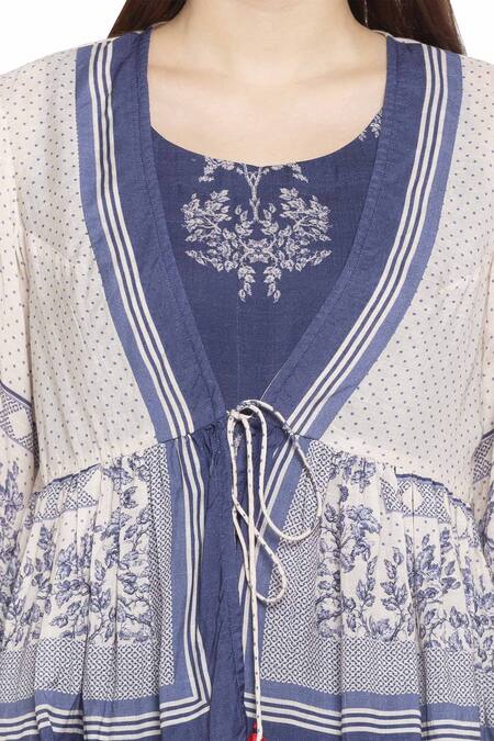 Shop So Us By Sougatpaul Blue Muslin Slub Jumpsuit Round Neckline Printed With Jacket Online at Aza Fashions Shop_So Us By Sougatpaul_Blue Muslin Slub Jumpsuit Round Neckline Printed With Jacket _Online_at_Aza_Fashions