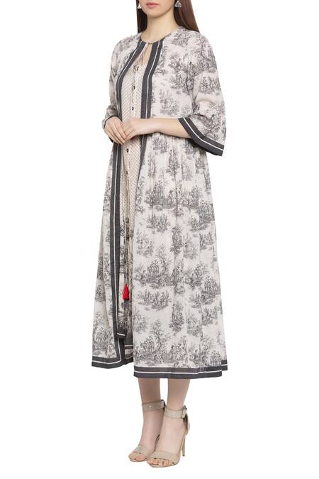 So Us By Sougatpaul Black Muslin Slub Jacket Round Neckline Printed Tunic And Set Online at Aza Fashions So Us By Sougatpaul_Black Muslin Slub Jacket Round Neckline Printed Tunic And Set _Online_at_Aza_Fashions