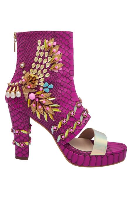 Papa Don't Preach Accessories_Pink Embroidered Block Heels_Online_at_Aza_Fashions