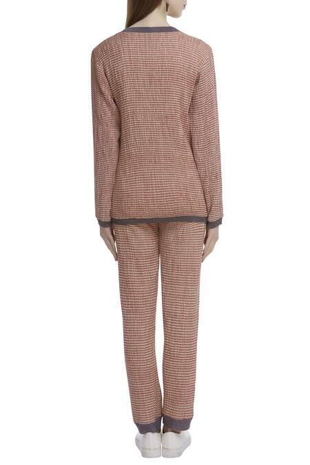 Shop_Akaaro_Red Kinji Cotton Silk Round Neck Handwoven Striped Top  _at_Aza_Fashions