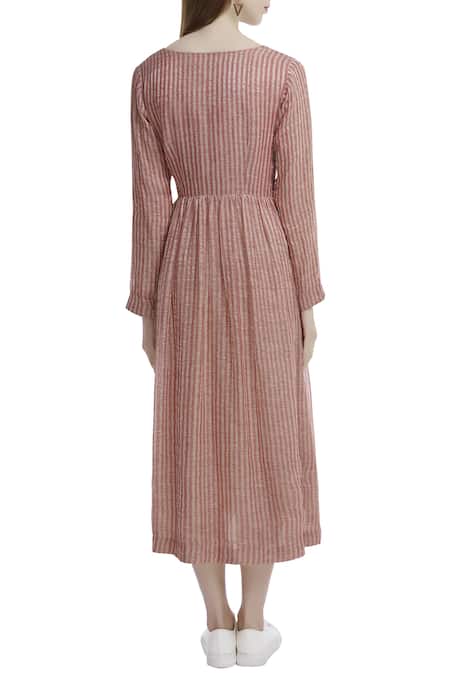 Shop_Akaaro_Pink Zari Round Neck Linen Striped Dress  _at_Aza_Fashions