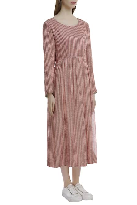 Akaaro_Pink Zari Round Neck Linen Striped Dress  _Online_at_Aza_Fashions