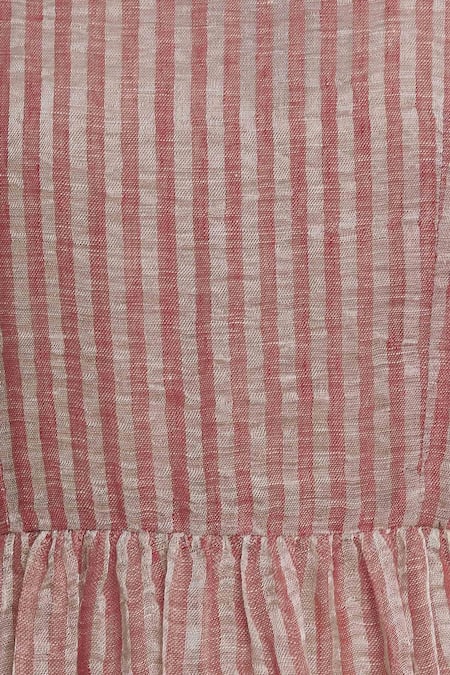 Akaaro_Pink Zari Round Neck Linen Striped Dress  _at_Aza_Fashions