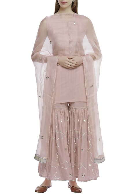 Tokree Pink Cotton Mul Mul Embellished Kurta Sharara Set