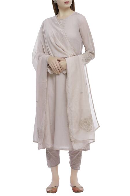 Tokree Beige Cotton Mulmul Straight Kurta Set