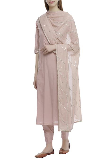 Tokree Pink Cotton Mul Mul Embellished Kurta Set