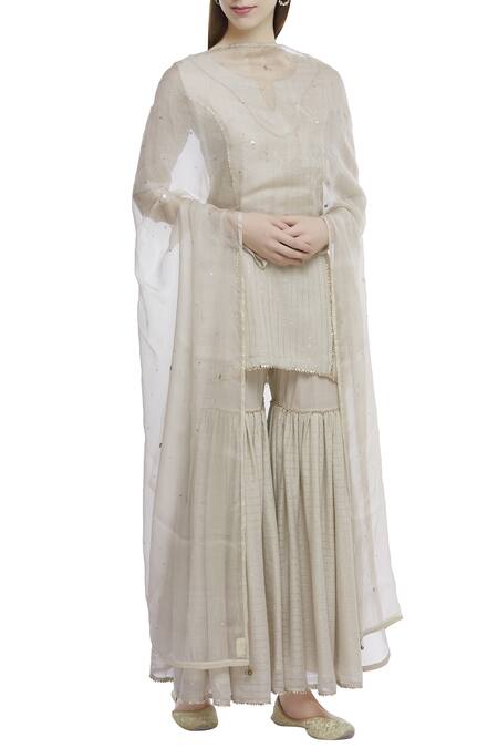 Tokree Beige Cotton Striped Kurta Sharara Set