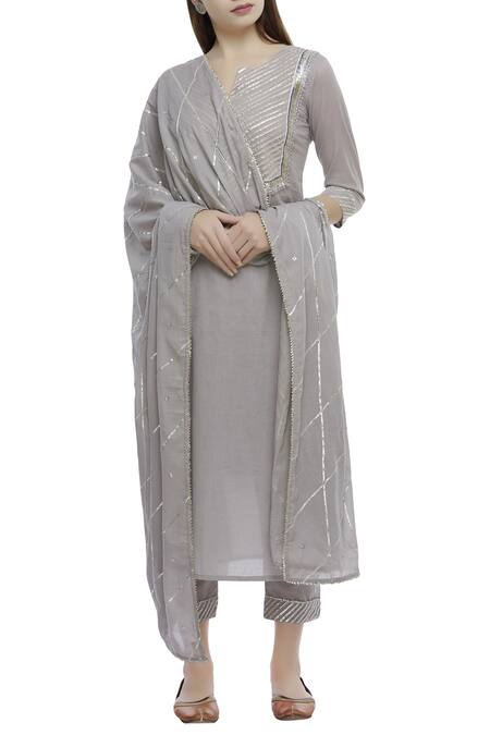 Tokree Grey Cotton Mulmul Straight Kurta Set