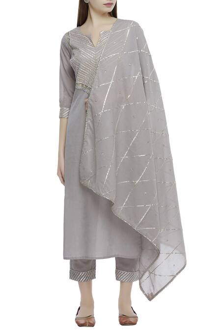 Tokree_Grey Cotton Mulmul Straight Kurta Set_Online_at_Aza_Fashions