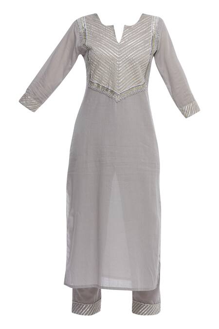 Buy_Tokree_Grey Cotton Mulmul Straight Kurta Set_Online_at_Aza_Fashions