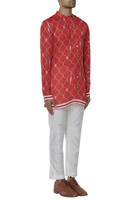 MR. Ajay Kumar_Red Silk, Linen, Cotton Fish And Star Motif Printed Kurta _Online_at_Aza_Fashions