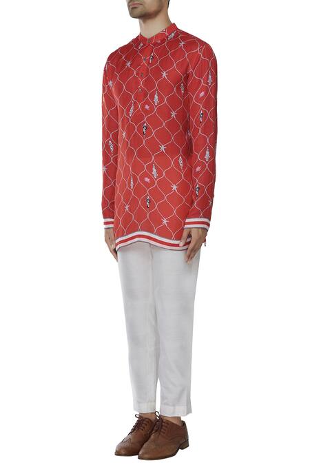 Buy_MR. Ajay Kumar_Red Silk, Linen, Cotton Fish And Star Motif Printed Kurta _Online_at_Aza_Fashions