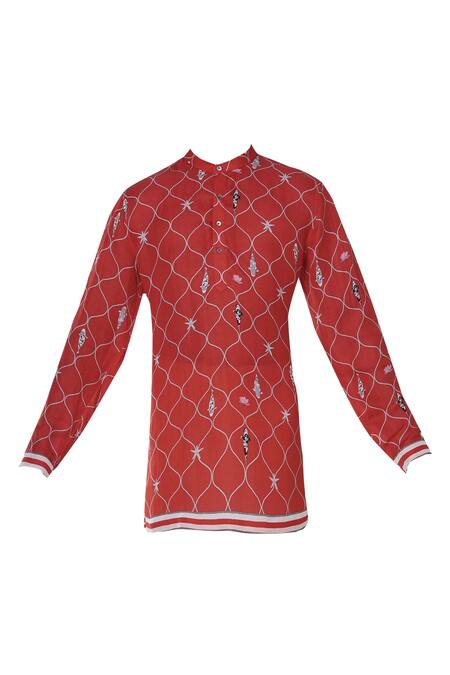 Shop_MR. Ajay Kumar_Red Silk, Linen, Cotton Fish And Star Motif Printed Kurta _Online_at_Aza_Fashions