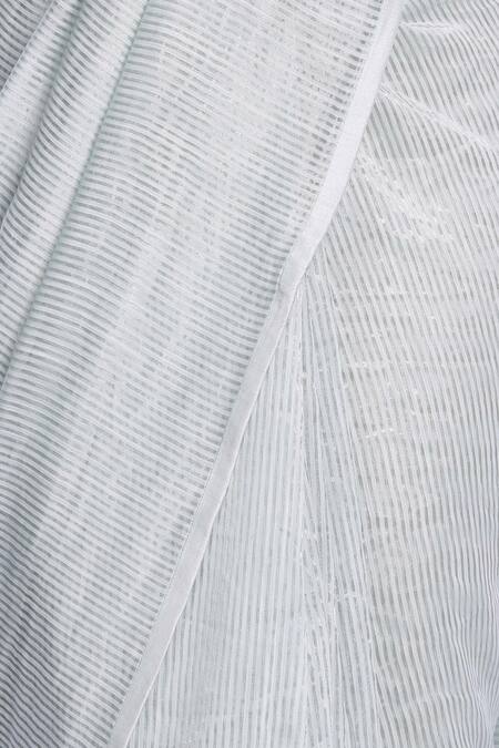 Buy_Pranay Baidya_Silver Chanderi Cotton Silk Striped Saree_Online_at_Aza_Fashions