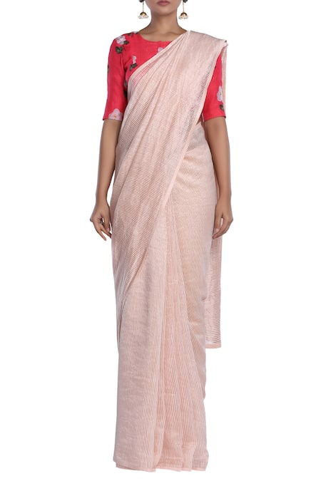 Pranay Baidya Silver Chanderi Cotton Silk Striped Saree  