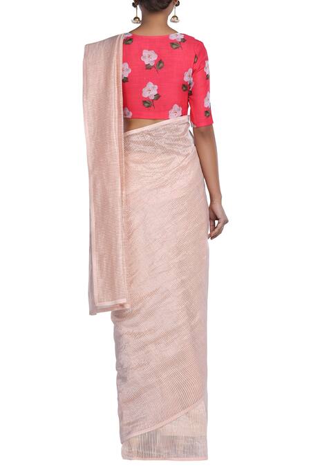 Shop_Pranay Baidya_Silver Chanderi Cotton Silk Striped Saree_at_Aza_Fashions