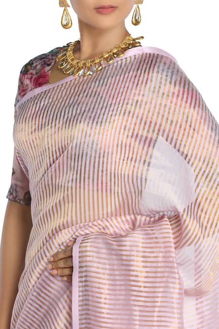 Pranay Baidya_Gold Chanderi Cotton Silk Striped Saree_Online_at_Aza_Fashions
