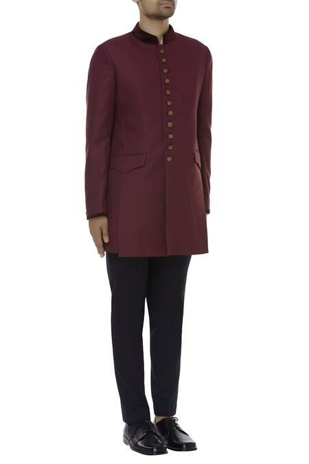 MR Grey_Maroon Suiting Bandhgala Jacket_Online_at_Aza_Fashions