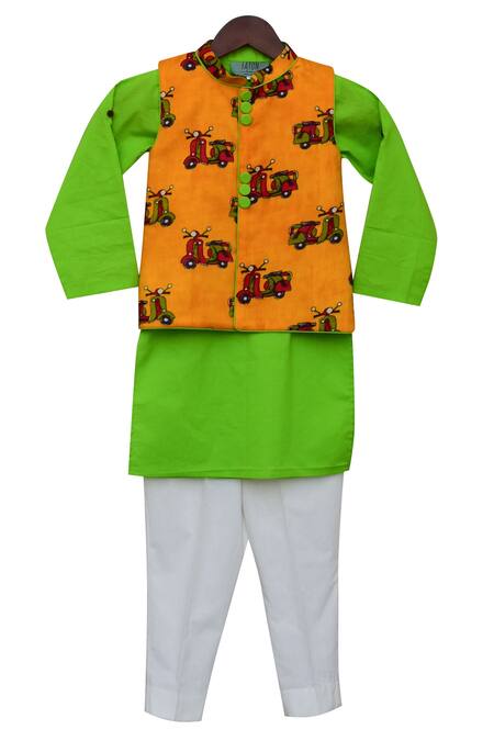 Fayon Kids_Yellow Cotton Printed Bundi Kurta And Pant Set _Online_at_Aza_Fashions