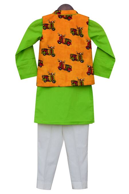 Buy_Fayon Kids_Yellow Cotton Printed Bundi Kurta And Pant Set _Online_at_Aza_Fashions