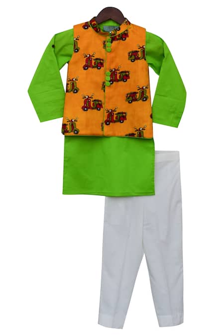 Shop_Fayon Kids_Yellow Cotton Printed Bundi Kurta And Pant Set _Online_at_Aza_Fashions