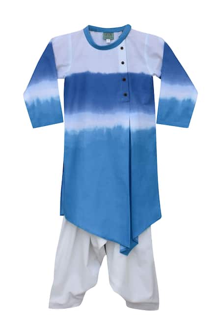 Fayon Kids_Blue Cotton, Crepe Tie Dye Kurta And Salwar Set _Online_at_Aza_Fashions