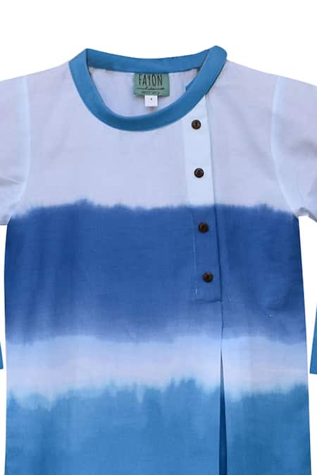 Fayon Kids_Blue Cotton, Crepe Tie Dye Kurta And Salwar Set _at_Aza_Fashions