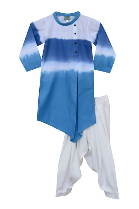 Shop_Fayon Kids_Blue Cotton, Crepe Tie Dye Kurta And Salwar Set _Online_at_Aza_Fashions