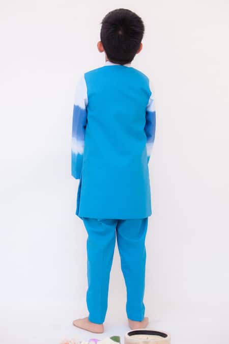 Shop Fayon Kids Blue Cotton Overlap Achkan And Pant Set at Aza Fashions Shop_Fayon Kids_Blue Cotton Overlap Achkan And Pant Set _at_Aza_Fashions