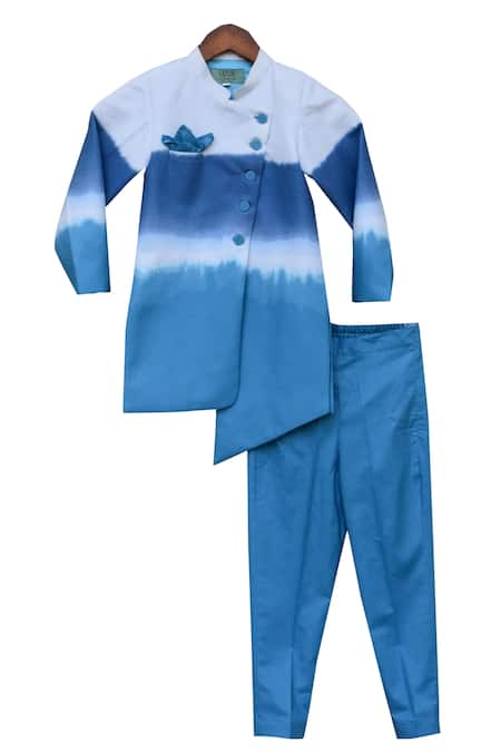 Shop Fayon Kids Blue Cotton Overlap Achkan And Pant Set Online at Aza Fashions Shop_Fayon Kids_Blue Cotton Overlap Achkan And Pant Set _Online_at_Aza_Fashions