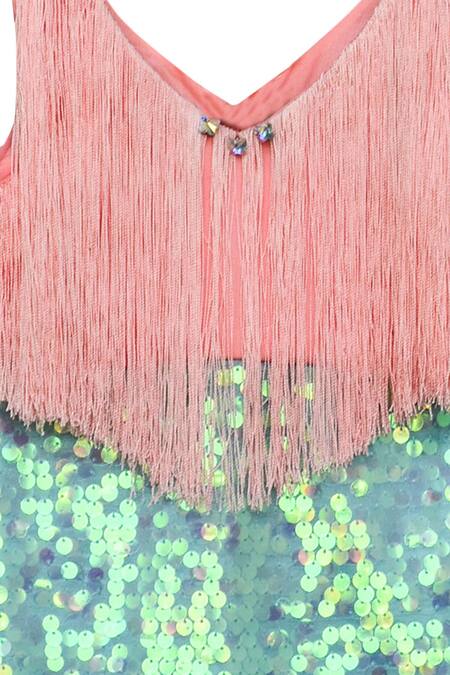 Shop_Fayon Kids_Green Sequins Fringe Dress _Online_at_Aza_Fashions