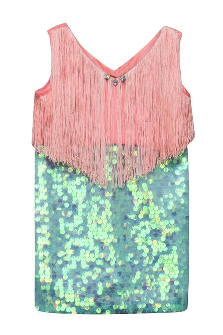 Fayon Kids_Green Sequins Fringe Dress _Online_at_Aza_Fashions