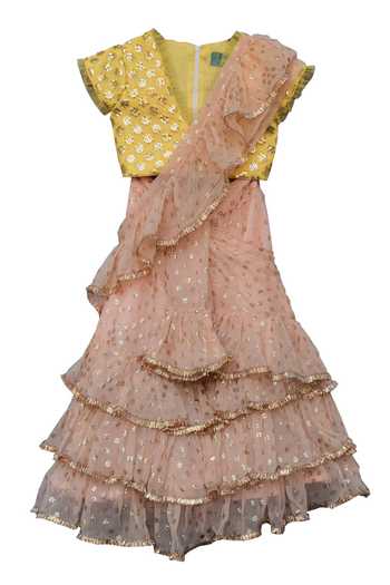 FAYON KIDS_Yellow Chiffon, Georgette Embroidered Lehenga Set_Online_at_Aza_Fashions