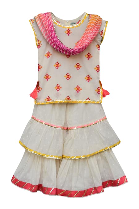Shop Fayon Kids Off White Cotton, Chiffon Embroidery, Tassels Kurta Sharara Set Online at Aza Fashions Shop_Fayon Kids_Off White Cotton, Chiffon Embroidery, Tassels Kurta Sharara Set _Online_at_Aza_Fashions