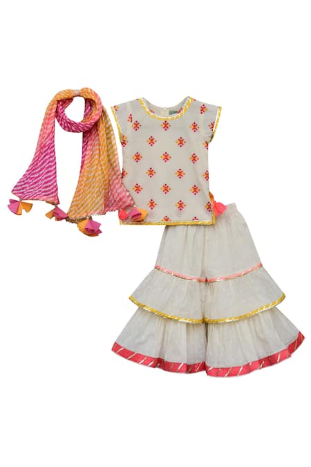 Fayon Kids Off White Cotton, Chiffon Embroidery, Tassels Kurta Sharara Set at Aza Fashions Fayon Kids_Off White Cotton, Chiffon Embroidery, Tassels Kurta Sharara Set _at_Aza_Fashions