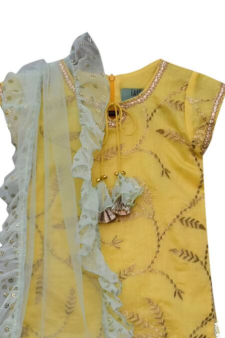 Buy_Fayon Kids_Yellow Chanderi, Chiffon Tassels, Ruffles, Foil Printing Kurta Sharara Set 