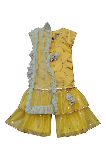 Fayon Kids_Yellow Chanderi, Chiffon Tassels, Ruffles, Foil Printing Kurta Sharara Set _Online_at_Aza_Fashions