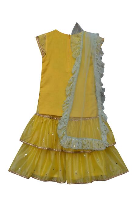 Buy_Fayon Kids_Yellow Chanderi, Chiffon Tassels, Ruffles, Foil Printing Kurta Sharara Set _Online_at_Aza_Fashions
