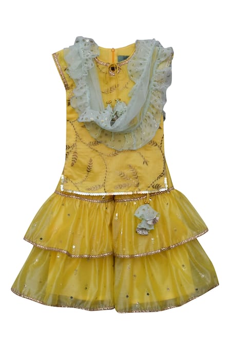 Shop_Fayon Kids_Yellow Chanderi, Chiffon Tassels, Ruffles, Foil Printing Kurta Sharara Set _Online_at_Aza_Fashions