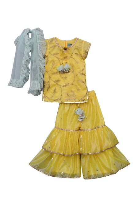 Fayon Kids_Yellow Chanderi, Chiffon Tassels, Ruffles, Foil Printing Kurta Sharara Set _at_Aza_Fashions