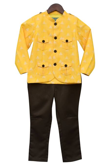 Fayon Kids_Yellow Cotton, Suede Printed Jacket And Breech Pant Set _Online_at_Aza_Fashions