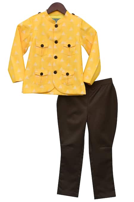 Shop_Fayon Kids_Yellow Cotton, Suede Printed Jacket And Breech Pant Set _Online_at_Aza_Fashions