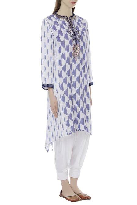 House of Kotwara_White Cotton Split Ikat Kurta And Dhoti Pant Set  _Online_at_Aza_Fashions