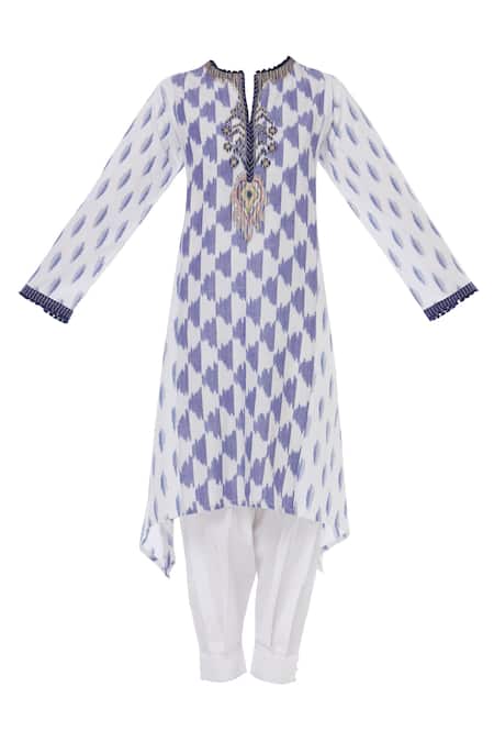 Buy_House of Kotwara_White Cotton Split Ikat Kurta And Dhoti Pant Set  _Online_at_Aza_Fashions
